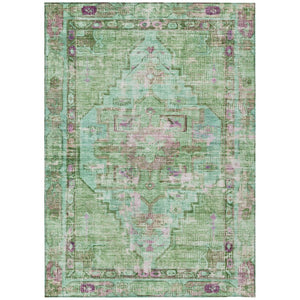 HomeRoots 5' Vibrant Artichoke Green, Teal Blue & Lavender Oriental Rug - Washable for Indoor/Outdoor Use! 619100