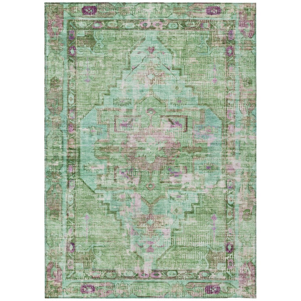 HomeRoots 5' Vibrant Artichoke Green, Teal Blue & Lavender Oriental Rug - Washable for Indoor/Outdoor Use! 619100