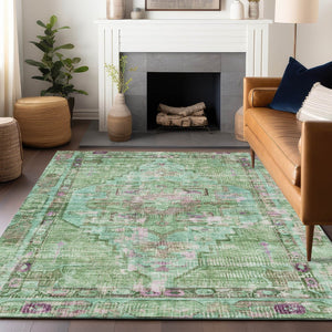 HomeRoots 5' Vibrant Artichoke Green, Teal Blue & Lavender Oriental Rug - Washable for Indoor/Outdoor Use! 619100