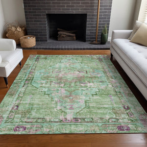 HomeRoots 5' Vibrant Artichoke Green, Teal Blue & Lavender Oriental Rug - Washable for Indoor/Outdoor Use! 619100