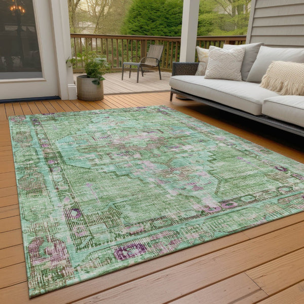 HomeRoots 5' Vibrant Artichoke Green, Teal Blue & Lavender Oriental Rug - Washable for Indoor/Outdoor Use! 619100