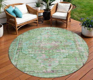 HomeRoots 8' Vibrant Artichoke Green, Teal Blue & Lavender Round Washable Area Rug for Indoor & Outdoor Use 619101