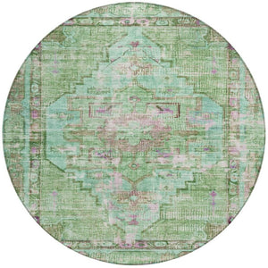 HomeRoots 8' Vibrant Artichoke Green, Teal Blue & Lavender Round Washable Area Rug for Indoor & Outdoor Use 619101