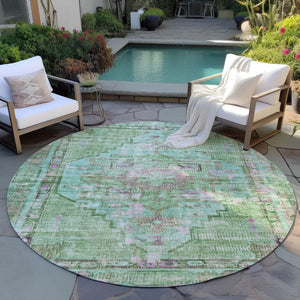 HomeRoots 8' Vibrant Artichoke Green, Teal Blue & Lavender Round Washable Area Rug for Indoor & Outdoor Use 619101