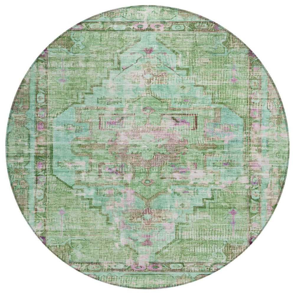 HomeRoots 8' Vibrant Artichoke Green, Teal Blue & Lavender Round Washable Area Rug for Indoor & Outdoor Use 619101