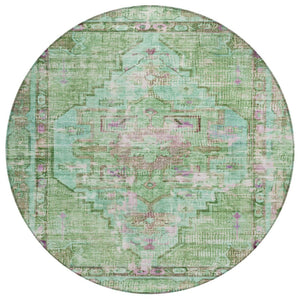 HomeRoots 8' Vibrant Artichoke Green, Teal Blue & Lavender Round Washable Area Rug for Indoor & Outdoor Use 619101