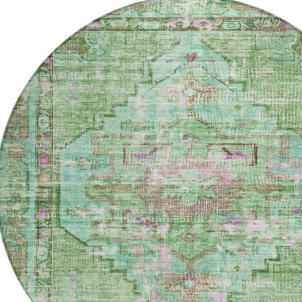 HomeRoots 8' Vibrant Artichoke Green, Teal Blue & Lavender Round Washable Area Rug for Indoor & Outdoor Use 619101