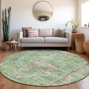 HomeRoots 8' Vibrant Artichoke Green, Teal Blue & Lavender Round Washable Area Rug for Indoor & Outdoor Use 619101