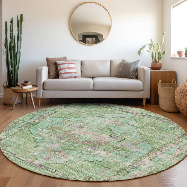 HomeRoots 8' Vibrant Artichoke Green, Teal Blue & Lavender Round Washable Area Rug for Indoor & Outdoor Use 619101