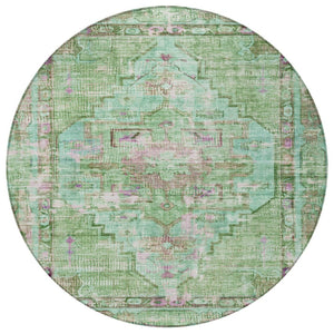 HomeRoots 8' Vibrant Artichoke Green, Teal Blue & Lavender Round Washable Area Rug for Indoor & Outdoor Use 619101