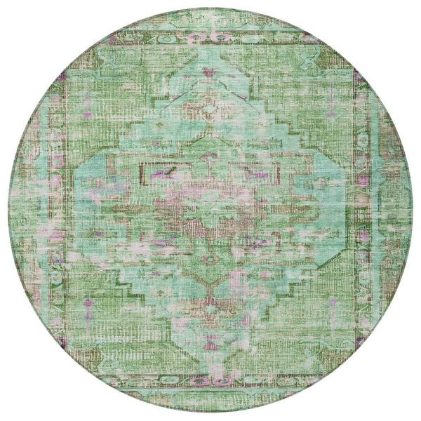 HomeRoots 8' Vibrant Artichoke Green, Teal Blue & Lavender Round Washable Area Rug for Indoor & Outdoor Use 619101