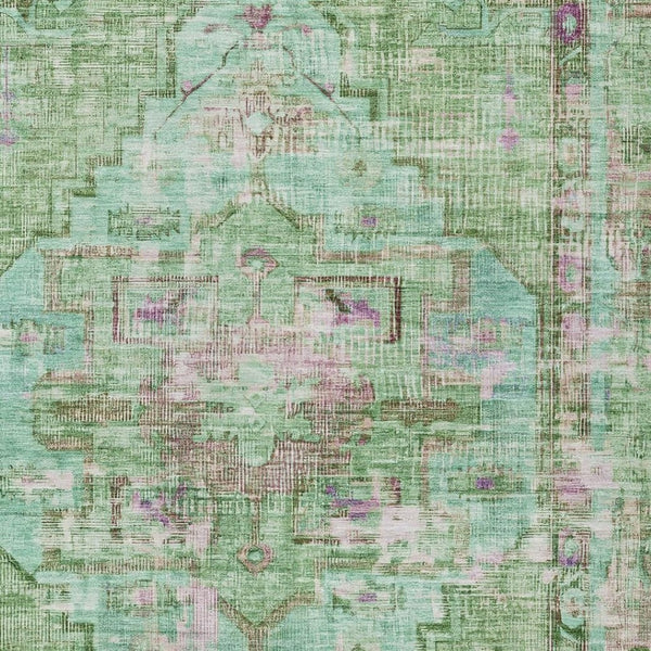 HomeRoots 9' X 12' Washable Oriental Area Rug in Artichoke Green, Teal Blue & Lavender – Perfect for Indoor/Outdoor Spaces! 619103