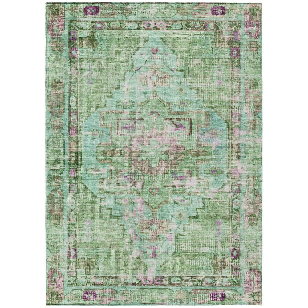 HomeRoots 9' X 12' Washable Oriental Area Rug in Artichoke Green, Teal Blue & Lavender – Perfect for Indoor/Outdoor Spaces! 619103