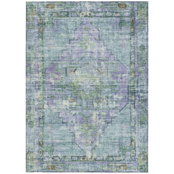 HomeRoots 5' Teal Blue Lavender Ivory Oriental Area Rug - Washable, Durable, Indoor/Outdoor, Stain-Resistant 619118