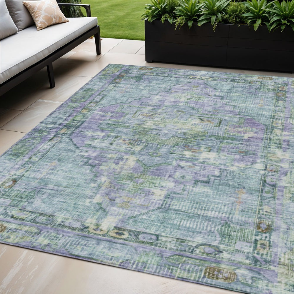 HomeRoots 5' Teal Blue Lavender Ivory Oriental Area Rug - Washable, Durable, Indoor/Outdoor, Stain-Resistant 619118