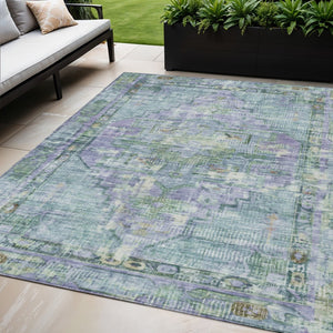 HomeRoots 5' Teal Blue Lavender Ivory Oriental Area Rug - Washable, Durable, Indoor/Outdoor, Stain-Resistant 619118