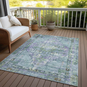 HomeRoots 5' Teal Blue Lavender Ivory Oriental Area Rug - Washable, Durable, Indoor/Outdoor, Stain-Resistant 619118