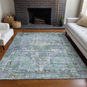 HomeRoots 5' Teal Blue Lavender Ivory Oriental Area Rug - Washable, Durable, Indoor/Outdoor, Stain-Resistant 619118