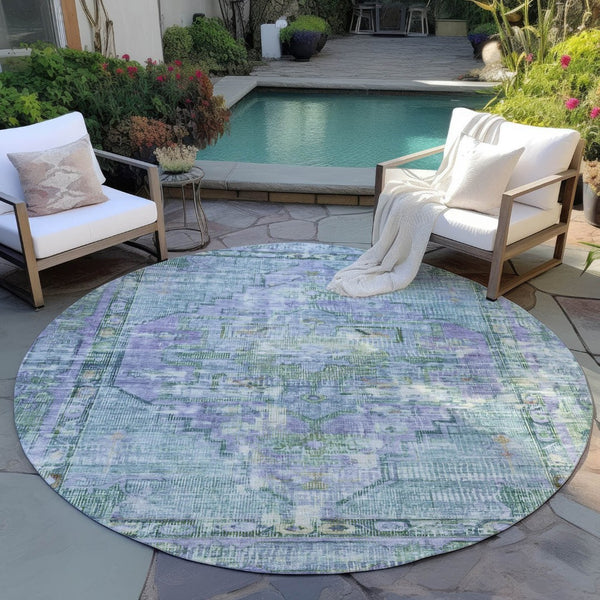 HomeRoots 8' Teal Blue Lavender Round Oriental Rug - Washable, Durable for Indoor & Outdoor Use, Stylish Design 619119