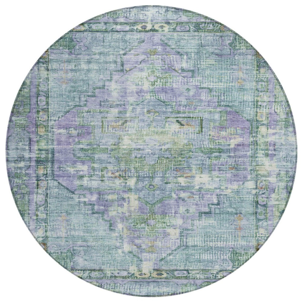 HomeRoots 8' Teal Blue Lavender Round Oriental Rug - Washable, Durable for Indoor & Outdoor Use, Stylish Design 619119