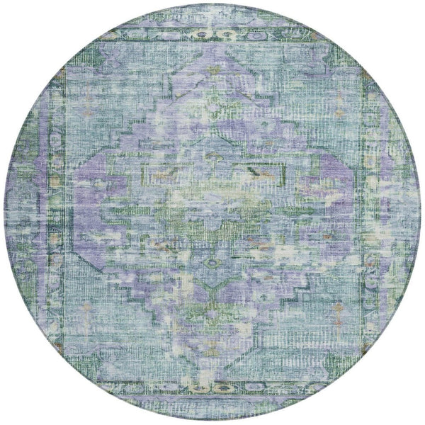 HomeRoots 8' Teal Blue Lavender Round Oriental Rug - Washable, Durable for Indoor & Outdoor Use, Stylish Design 619119
