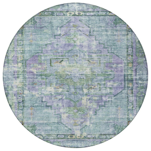 HomeRoots 8' Teal Blue Lavender Round Oriental Rug - Washable, Durable for Indoor & Outdoor Use, Stylish Design 619119