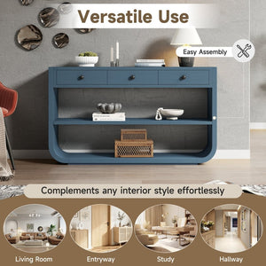 English Elm [video] Sculptural Console Table Pine Wood Curved Legs Soft-close Drawers Open Shelving Entryway Blue N759P433560C
