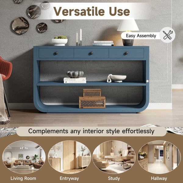 English Elm [video] Sculptural Console Table Pine Wood Curved Legs Soft-close Drawers Open Shelving Entryway Blue N759P433560C