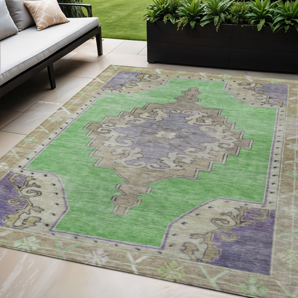 HomeRoots 5' Vibrant Lime Green and Lavender Geometric Area Rug - Washable Indoor/Outdoor, Durable Design 619148