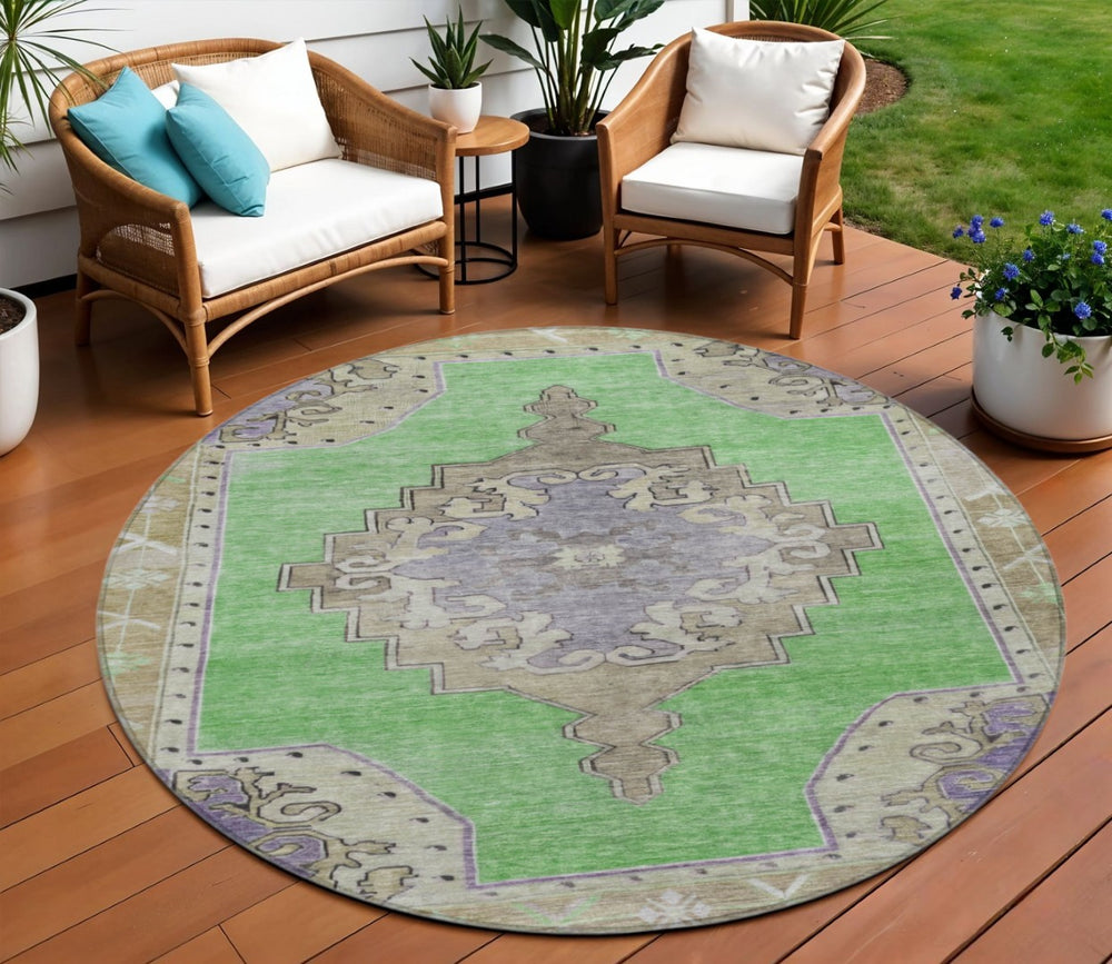 HomeRoots 8' Vibrant Lime Green, Lavender & Brown Round Geometric Area Rug – Washable for Indoor/Outdoor Use 619149