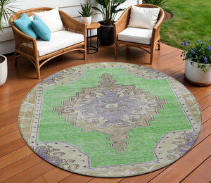 HomeRoots 8' Vibrant Lime Green, Lavender & Brown Round Geometric Area Rug – Washable for Indoor/Outdoor Use 619149