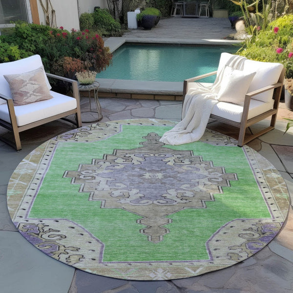 HomeRoots 8' Vibrant Lime Green, Lavender & Brown Round Geometric Area Rug – Washable for Indoor/Outdoor Use 619149