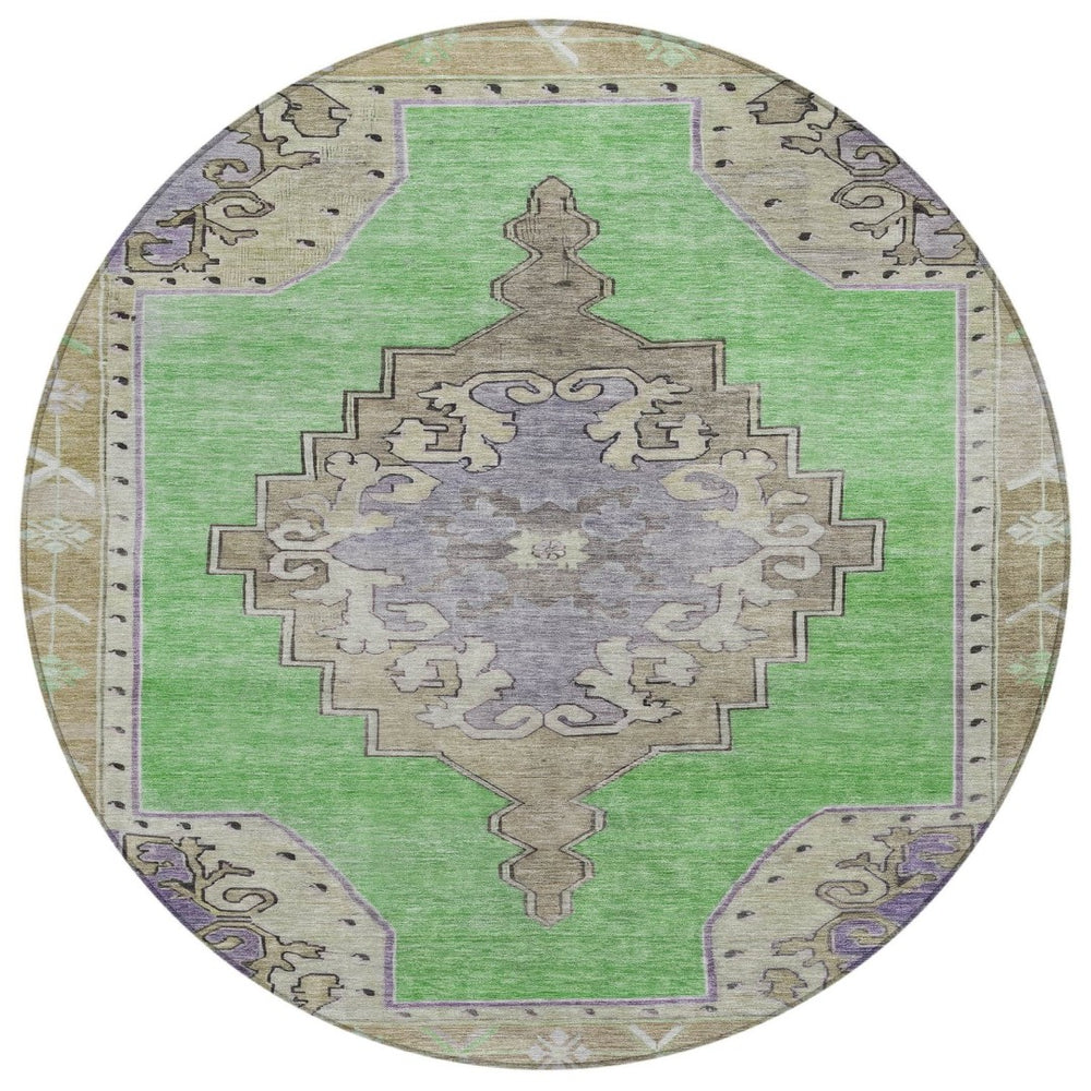 HomeRoots 8' Vibrant Lime Green, Lavender & Brown Round Geometric Area Rug – Washable for Indoor/Outdoor Use 619149