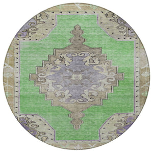 HomeRoots 8' Vibrant Lime Green, Lavender & Brown Round Geometric Area Rug – Washable for Indoor/Outdoor Use 619149