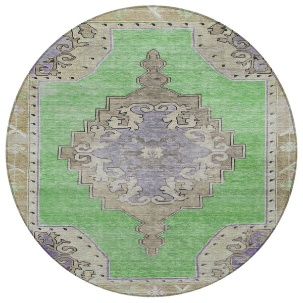 HomeRoots 8' Vibrant Lime Green, Lavender & Brown Round Geometric Area Rug – Washable for Indoor/Outdoor Use 619149