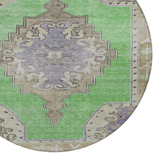 HomeRoots 8' Vibrant Lime Green, Lavender & Brown Round Geometric Area Rug – Washable for Indoor/Outdoor Use 619149