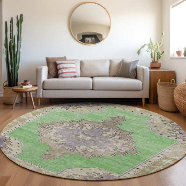 HomeRoots 8' Vibrant Lime Green, Lavender & Brown Round Geometric Area Rug – Washable for Indoor/Outdoor Use 619149