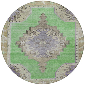HomeRoots 8' Vibrant Lime Green, Lavender & Brown Round Geometric Area Rug – Washable for Indoor/Outdoor Use 619149
