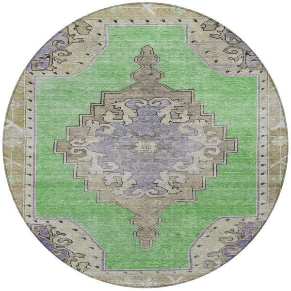 HomeRoots 8' Vibrant Lime Green, Lavender & Brown Round Geometric Area Rug – Washable for Indoor/Outdoor Use 619149