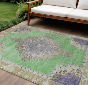 HomeRoots 8' Modern Geometric Washable Area Rug in Lime Green, Lavender & Brown for Indoor & Outdoor Use 619150