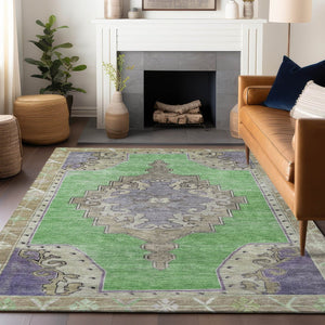 HomeRoots 8' Modern Geometric Washable Area Rug in Lime Green, Lavender & Brown for Indoor & Outdoor Use 619150