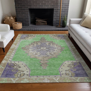 HomeRoots 8' Modern Geometric Washable Area Rug in Lime Green, Lavender & Brown for Indoor & Outdoor Use 619150