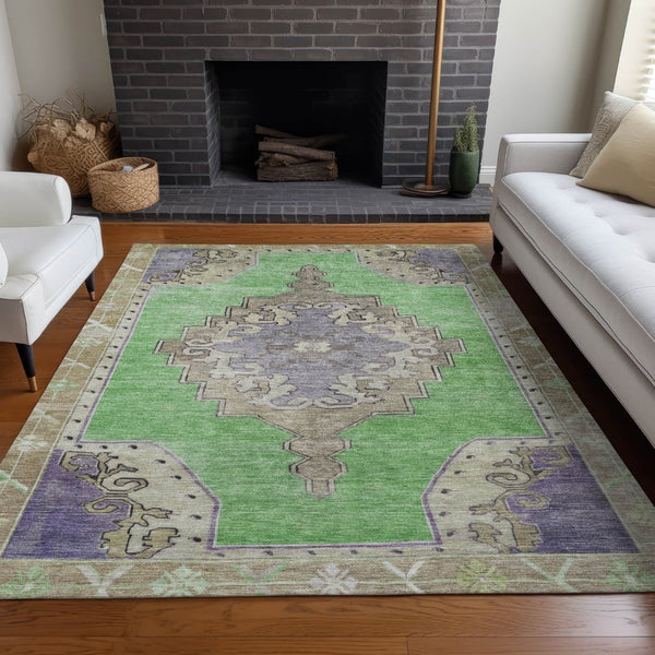 HomeRoots 8' Modern Geometric Washable Area Rug in Lime Green, Lavender & Brown for Indoor & Outdoor Use 619150