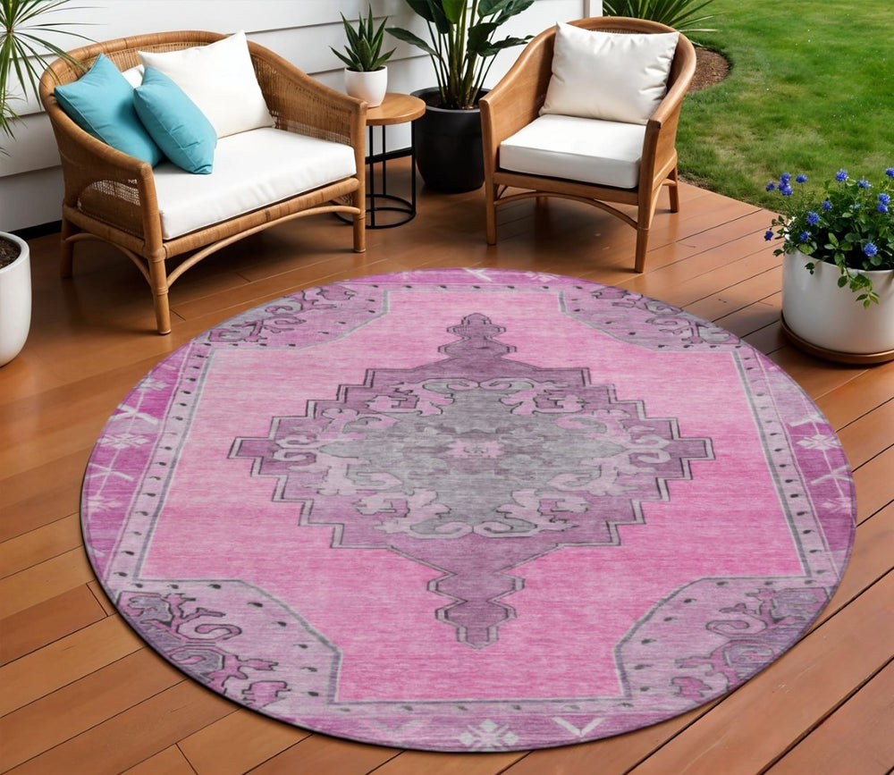 HomeRoots 8' Pink and Blush Round Geometric Area Rug – Durable, Washable, Stylish for Indoor & Outdoor Use 619161