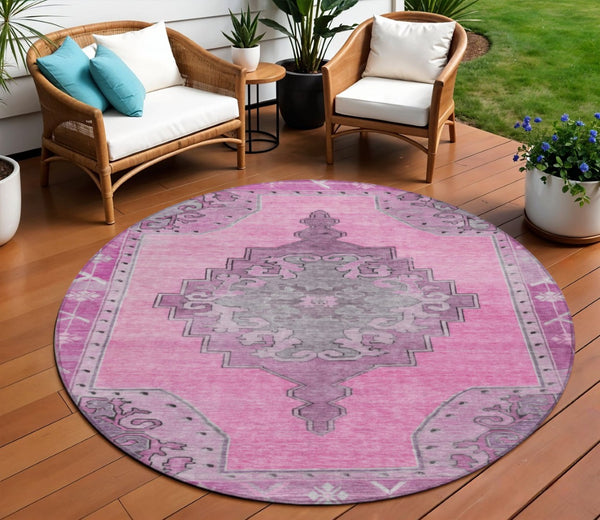 HomeRoots 8' Pink and Blush Round Geometric Area Rug – Durable, Washable, Stylish for Indoor & Outdoor Use 619161