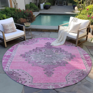HomeRoots 8' Pink and Blush Round Geometric Area Rug – Durable, Washable, Stylish for Indoor & Outdoor Use 619161