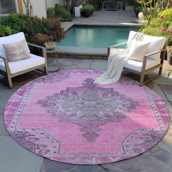 HomeRoots 8' Pink and Blush Round Geometric Area Rug – Durable, Washable, Stylish for Indoor & Outdoor Use 619161