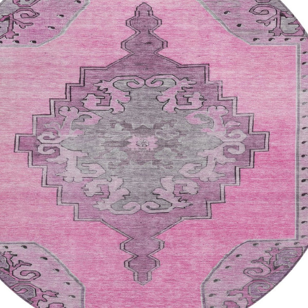 HomeRoots 8' Pink and Blush Round Geometric Area Rug – Durable, Washable, Stylish for Indoor & Outdoor Use 619161