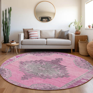 HomeRoots 8' Pink and Blush Round Geometric Area Rug – Durable, Washable, Stylish for Indoor & Outdoor Use 619161