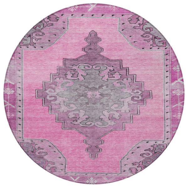 HomeRoots 8' Pink and Blush Round Geometric Area Rug – Durable, Washable, Stylish for Indoor & Outdoor Use 619161